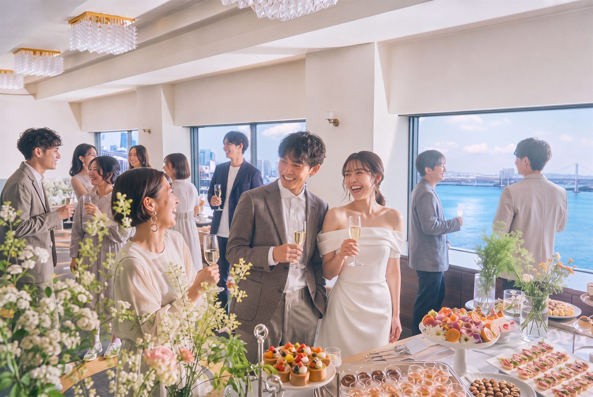 ベイサイドの会場で乾杯する新郎新婦とゲスト