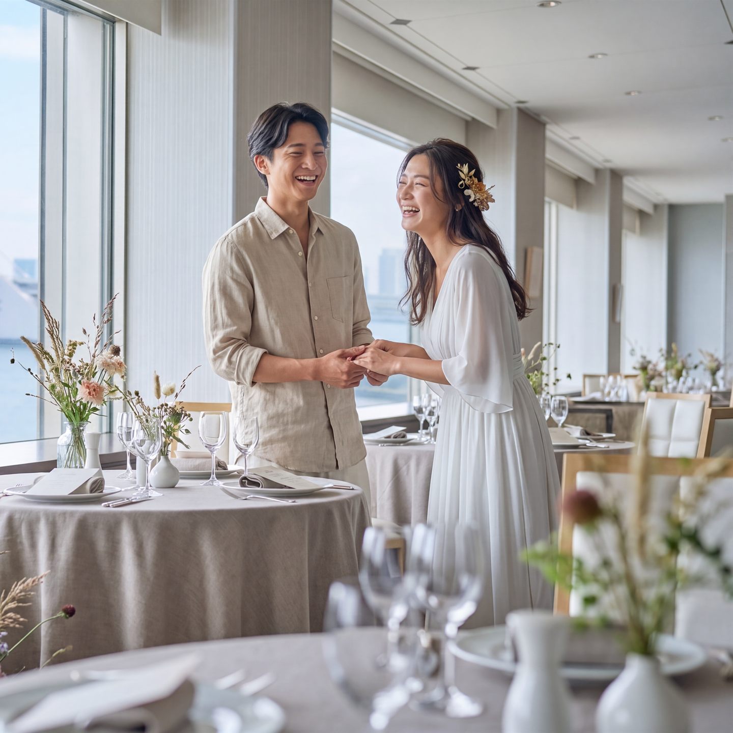 ベイサイドの会場で笑い合う新郎新婦