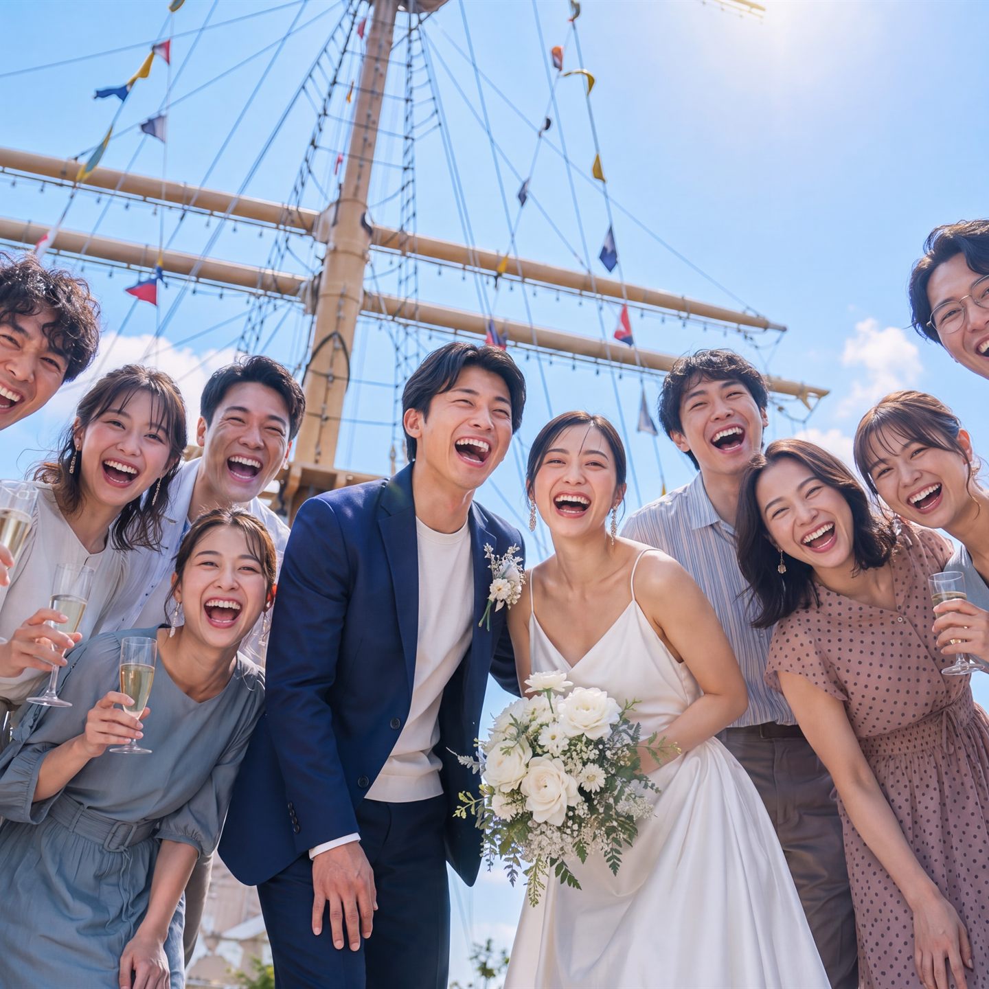 帆船を背にゲストと集合写真